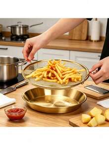 Brand New Gold-Plated Single Heavy-Duty Stainless Steel Fryer Rack And Drip Tray - Stackable Round Metal Mesh Basket With Drip Tray, Heat-Resistant, Durable For Frying, Stir-Frying, And Washing, Dishwasher (Multiple Options Available) - Multicolor - View 6
