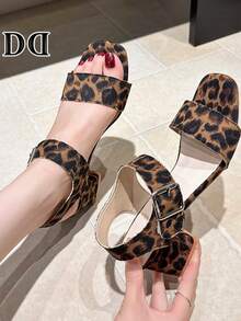 Women Square Open Toe Leopard Print Block Heel Sandals, Adjustable Ankle Buckle Strap Dress Party Daily Wear Heel Shoes - Leopard Print - View 4