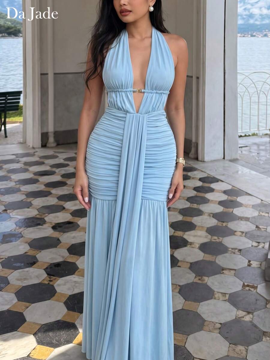 Da Jade Women Spring Summer Elegant Halter Deep V Cutout Waist Ruched Sash Flowy Slim Maxi Dress, Tie Back Sleeveless Bodycon Vacation Beach Long Slip Gown - Baby Blue - View 1