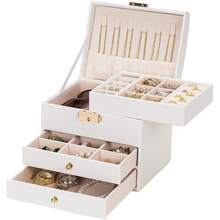Small Jewelry Box With Lock, 3-Tier Organizer, Removable Tray And Dividers, Ideal For Earrings, Rings, Necklaces, Birthday Gift - White - View 1