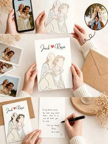 Personalized Custom Minimal Faceless Couple Portrait Card, Custom Photo And Names Line Drawing Greeting Card. Elegant Simple Outline Artwork, Thoughtful Romantic Souvenir For Anniversary, Engagement And Special Couple Occasions. - Multicolor - View 4