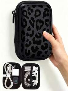 Black Leopard Print EVA Hard Shell 4.3-Inch Compact Storage Box - Travel Protective Storage Bag, Suitable For Electronic Accessories, Earphones, Hard Drives And Data Cables; Anti-Drop Zipper Pouch (Storage Box Only) - Multicolor - View 2