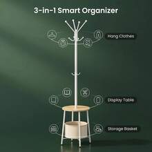 HEXCELEN Freestanding Coat Rack With Storage Basket & Single Shelf – 12-Hook Floor-Standing Unit (Total Height: 182.8cm) – Home Storage Rack For Entryway Or Bedroom - Camel Yellow White - View 5
