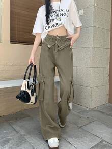 Celana Kargo Gaya Jalanan Amerika untuk Wanita, Musim Panas, Vintage, Pinggang Tinggi, Potongan Lurus, Jeans Denim - Coffee Brown - View 1
