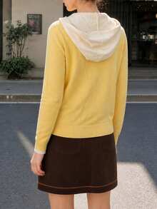 Women's Autumn Minimalist Casual Preppy Style 2 In 1 Design Hooded Cardigan Knit Sweater Jacket - Yellow - View 2