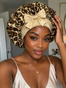 Leopard Print Satin Sleep Bonnet With Bow,Stretch Hair Wrap Cap,Soft Satin Night Hair Protection Bonnet For Natural Curly Hair Women,Back To School - Multicolor - View 2