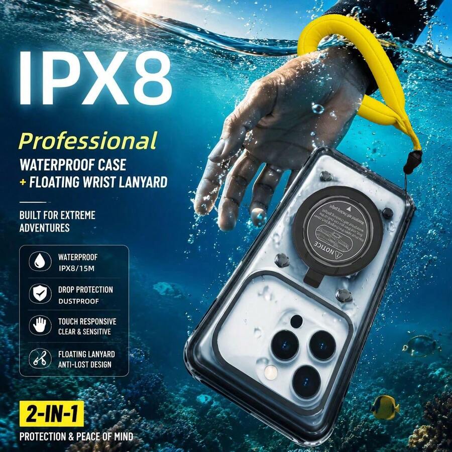 Funda impermeable universal de 6.9 pulgadas para teléfono, compatible con pantalla táctil, soporte integrado, a prueba de golpes y caídas, se adapta a todos los teléfonos inteligentes, regalo ideal para entusiastas de deportes acuáticos