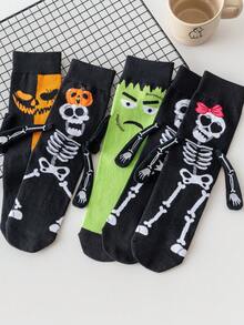 1/2/3/5 Pairs Black & White Skeleton Couple Magnetic Socks, White Mid-Calf Socks With Magnetic Attraction, Cute Auto-Connecting Socks For Spring & Autumn - Multicolor - View 3