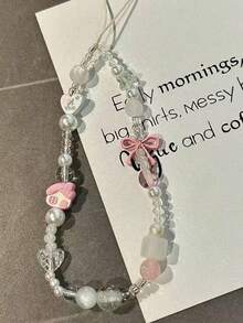 Cute Handmade Beaded Phone Charm, Sweet Macaron Color Beaded Phone Charm With Pink Bow And Cartoon Decoration - Pink - View 5