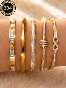 18K Gold Plated Stackable Bracelet Set | Full Rhinestone Infinity Symbol & Flower Bracelet | Non-Fading Layered Bracelet For Women's Daily & Party Wear | Valentine's Day Everyday Outfit Gift - Gold 5 - View 4