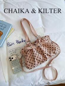 CHAIKA & KILTER 1件裝拼色PU布料托特包，女款時尚單肩托特包，滿版圓點圖案，雙手柄設計，拉鍊開合，飾帶裝飾，適合日常與街頭穿搭 - 粉色 - 查看 5