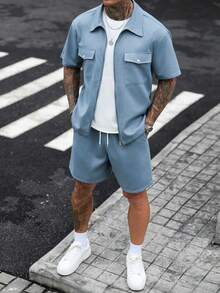 Men's Casual Solid Color Zipper Placket Pocket Shirt And Shorts Set - Dusty Blue - View 7