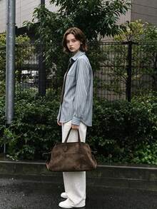 學院風時尚不對稱下擺條紋女款襯衫，長袖襯衫領，日常穿著理想選擇。校園風返校季教師節領帶女童上衣 - 藍色 - 查看 6