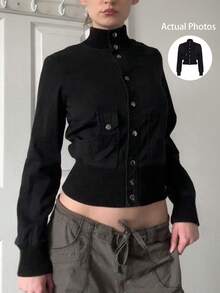 Jaket Lengan Panjang Kasual Wanita Kerah Tegak Kancing Tunggal Warna Hitam, Kardigan Gaya Retro Y2K untuk Musim Gugur dan Musim Semi - Hitam - View 1