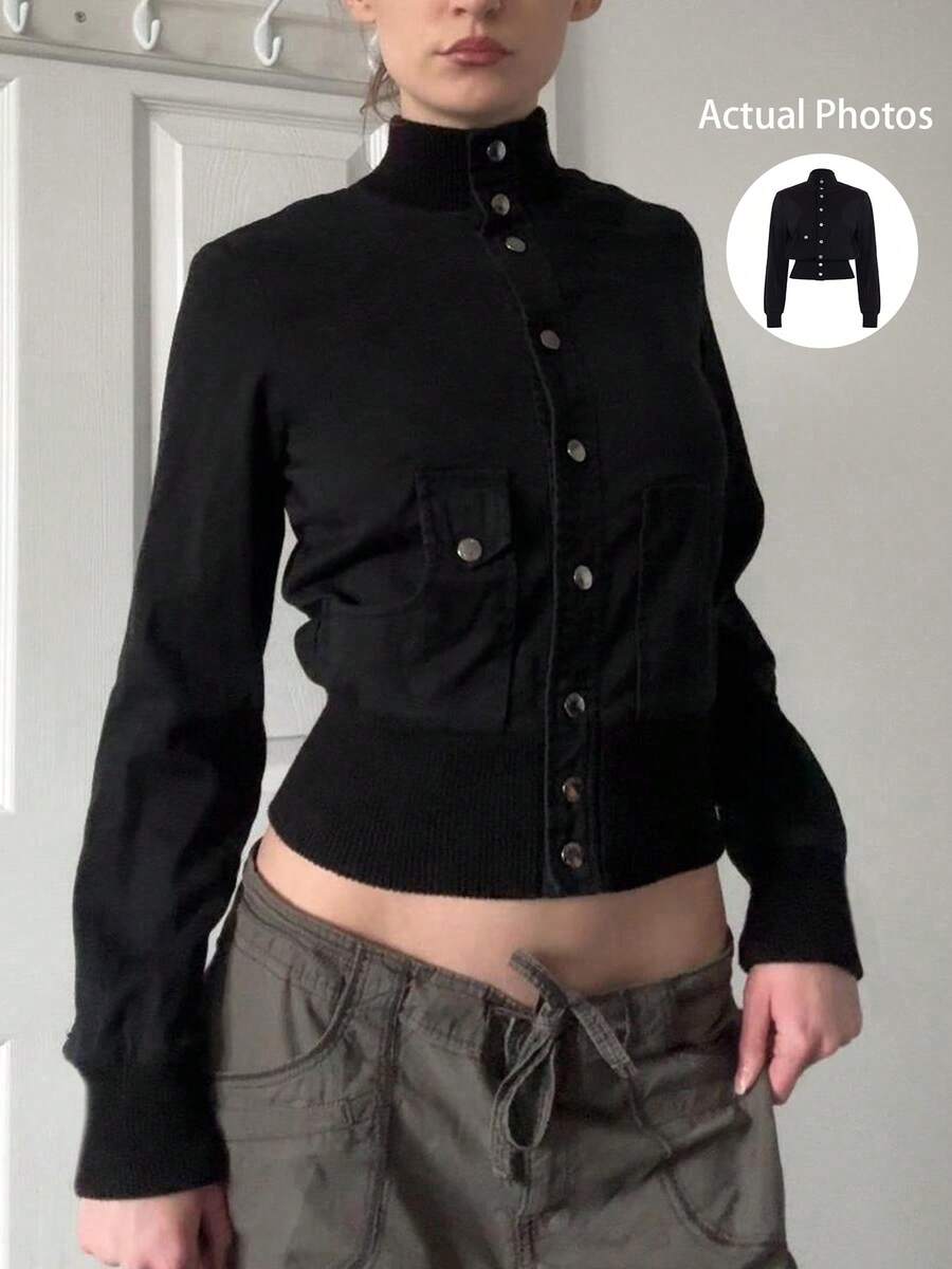 Jaket Lengan Panjang Kasual Wanita Kerah Tegak Kancing Tunggal Warna Hitam, Kardigan Gaya Retro Y2K untuk Musim Gugur dan Musim Semi - Hitam - View 1