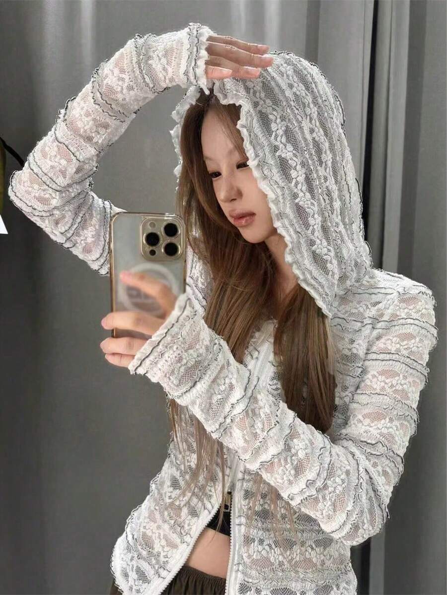 韓系重磅蕾絲半透 INS 博主同款小眾修身連帽拉鍊外套 女款 白色 - 白色 - 查看 1