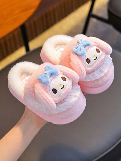 1 par de pantuflas de peluche Sanrio para niños, lindas pantuflas de estilo princesa con espalda cerrada y peludas para niñas y niños, otoño/invierno