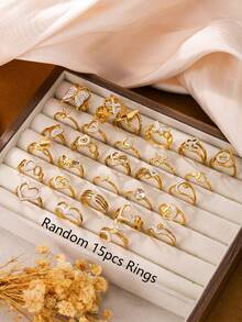 3/6/10/15/20/30pcs European And American Luxury Style Stainless Steel Gold Ring Set, Rhinestone Heart And Butterfly Design, Suitable For Women's Daily, Holiday, Date, Engagement, Wedding Wear - Gold - View 8