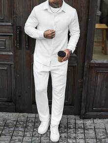 Men's Solid Color Long Sleeve Shirt And Pants Casual Daily Outfit - Apricot - View 7