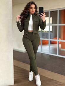 2pcs Women Set In Spring/Autumn/Winter, Minimal Solid Color Versatile Zip Up Short Jacket Tops With Elastic Waist Pocket Skinny Pants Casual Elegant - Army Green - View 2