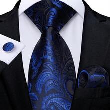 Paisley Navy Blue Necktie Pocket Square Cufflinks Tie Clip 4pcs Set For Mountain Wedding & Winter Ski Resort Annual Gala - Navy Blue - View 2