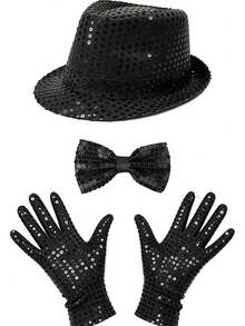 3pcs D EXCEED Disco Star Performance Costume Accessories, Unisex, Sequin Hat, Gloves, Bow Tie, Popular Stage Party Outfit, Suitable For Halloween Party, Cosplay - Multicolor - View 10