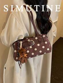 SIMUTINE 1pc Women's Vintage Versatile Classic Baguette Underarm Bag, Featuring Polka Dot Print And Leather Strap With Metal Buckle Decor, Fashionable Niche Atmosphere, Delicate Canvas Fabric, Zipper Closure, Suitable For Young Women's Spring/Autumn Commute, Date, Shopping, Daily Casual Wear (Pendant Not Included) - Coffee - View 1