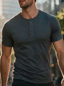 Men's Summer Solid Color Henley Neck Short Sleeve T-Shirt | Half-Button Crew Neck Slim Fit Casual Outdoor Top, Suitable For Commuting, Daily Wear, Street Style And Beach Outings - Grey - View 1