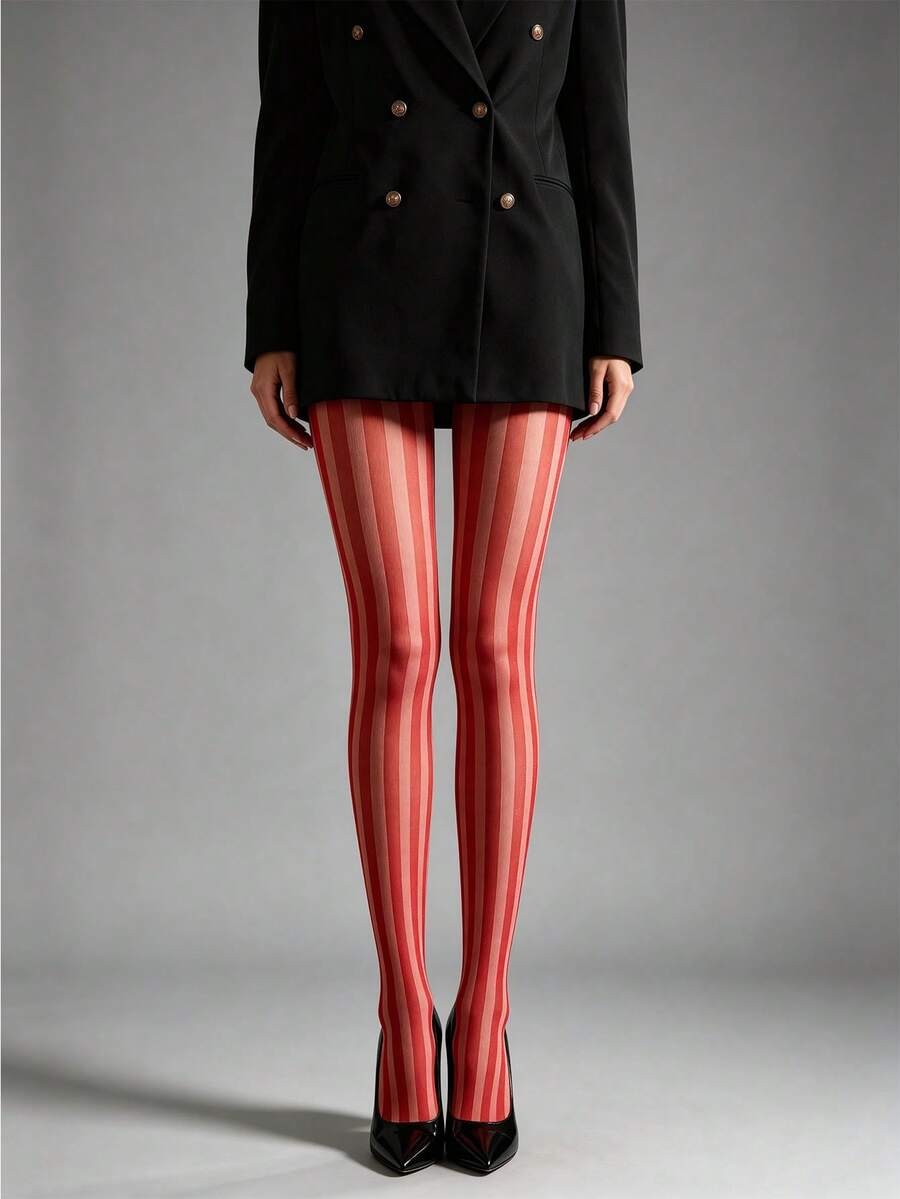 1pc Women's Red Vertical Striped Tights, Soft Elastic Slim Fit Socks, Daily Wear - Multicolor - View 1