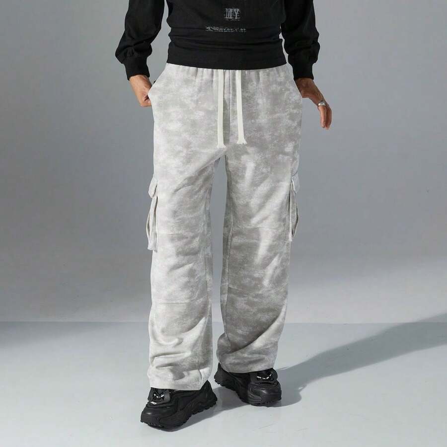 Men's American Street Style Distressed Drawstring Waist Cargo Sweatpants - Grey - View 1