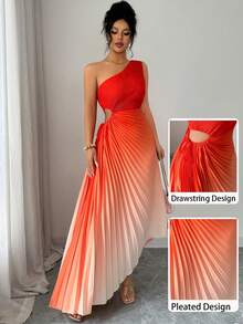 Vestido largo amarillo sin mangas con cuello asimétrico y plisado degradado para mujer - Naranja - Ver 1