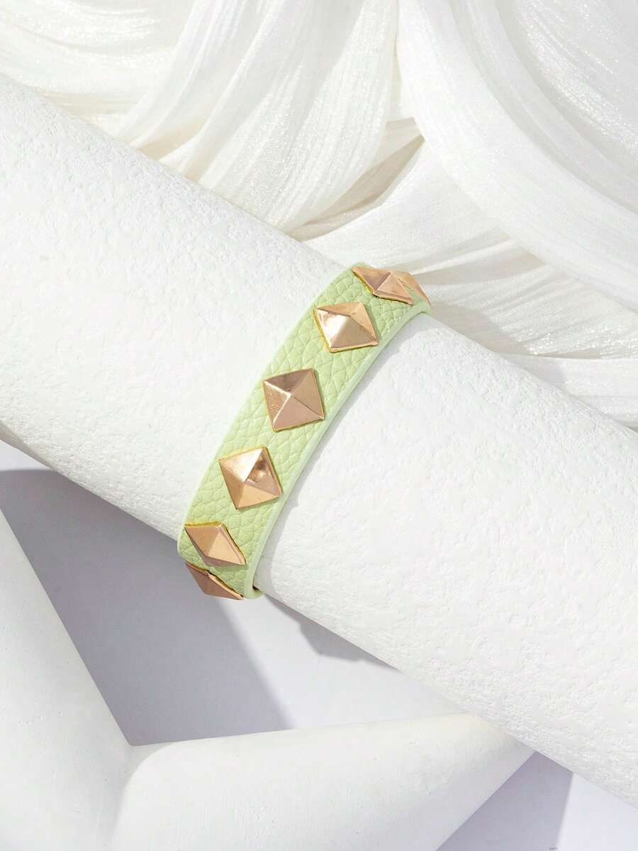 1pc Women's Rock Rivet PU Triangle Studded Motorcycle Dark Style Y2K Bracelet - Green - View 1