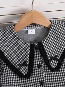 Girls Black And White Plaid Long Sleeve Dress, Large Collar Ruffle Bow Button Petal Sleeve College Style Princess Dress, Spring Autumn Winter - Black and White - View 3