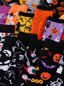1/3/5/10 Pairs Random Halloween Party Theme Skeleton & Pumpkin Pattern Mid-Calf Socks, Unisex For Party And Holiday Use - Multicolor - View 6