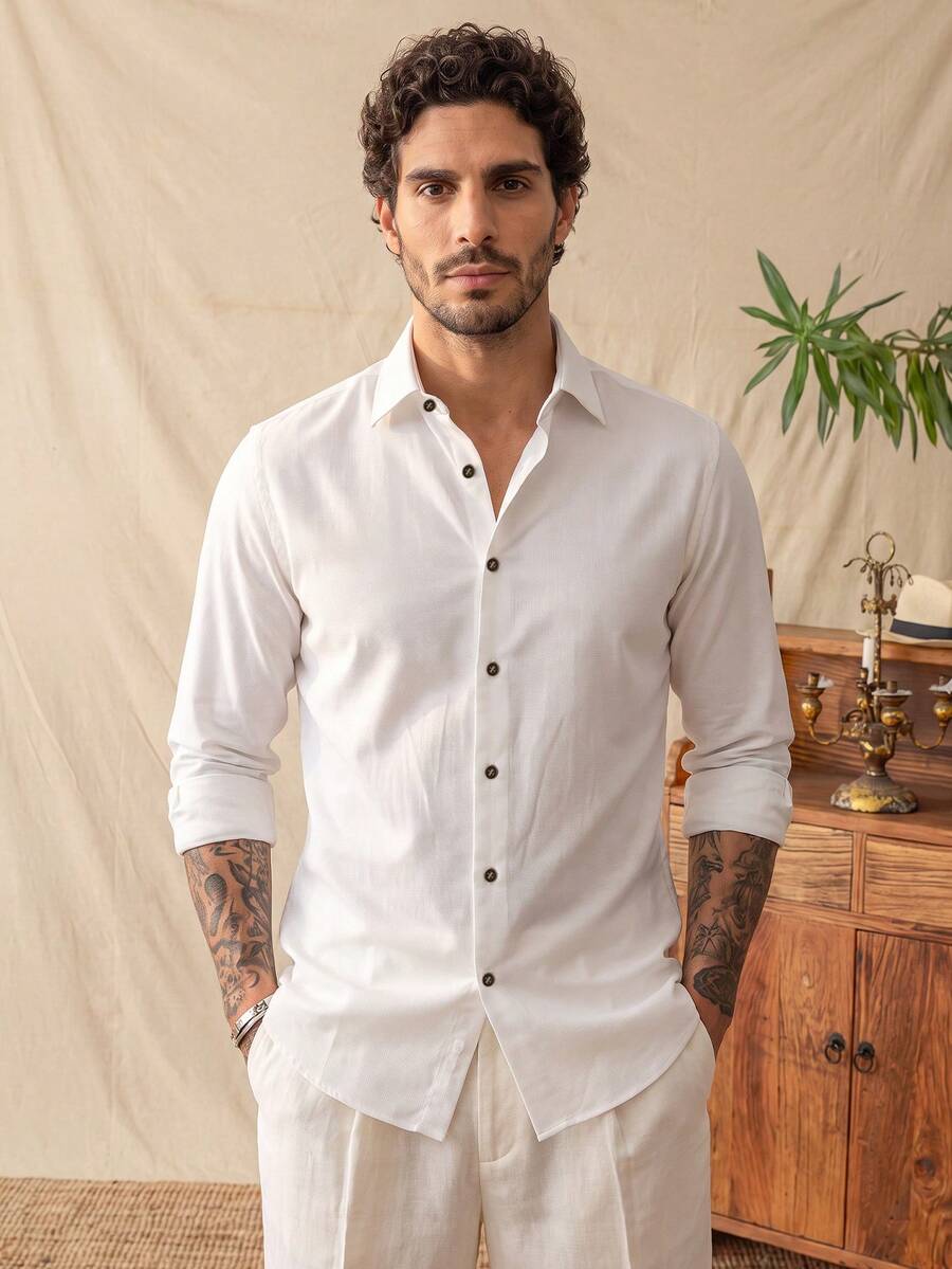 glestore Men's Retro Coin-Print Long-Sleeve Shirt: Elegant, Casual, And Comfortable-Perfect For Commuting, Vacations, And All Seasons; Lightweight Style - White - View 1