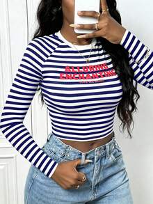 Casual Street Yellow & Black Striped Letter Print Crew Neck Slim Fit Long Sleeve T-Shirt For Women, Suitable For Music Festivals, Graduation Ceremonies, Back To School, Daily Outings, Women's Brunch, Party Gatherings - B Striped Cropped Top Summer Cropped Top Women's Autumn Outfit - Blue - View 3