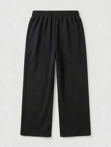 SU ER Men's Summer Casual Loose Drawstring Elastic Waist Wide Leg Curved Hem Pants - Black - View 4