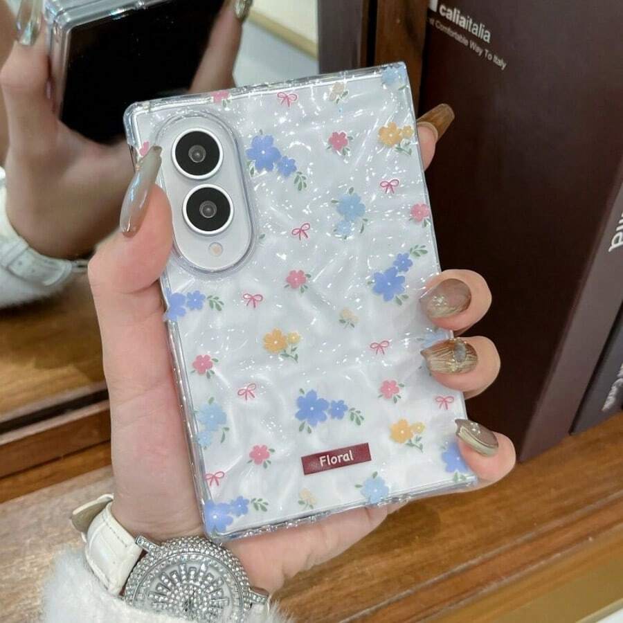 Casing Ponsel Transparan Motif Bunga Biru Merah Muda Bergelombang Air Tawar, Kompatibel dengan Galaxy Z Fold8 ZFold8 Fold8 Back Cover - Clear - View 1