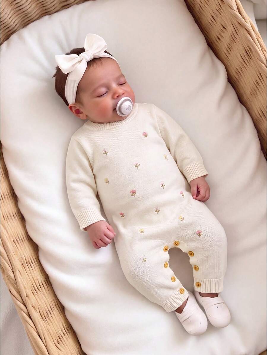 Infant Knitted Round Neck Cream White Floral Hand-Embroidered Romper, Cute Baby Jumpsuit Suitable For Daily Wear Or Outing Outfits - Beige - View 1