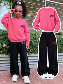 2pcs/Set Girls Sweatshirt & Pants Set, Simple Heart Print, Soft Fabric, Casual & Sweet Outfit - Hot Pink - View 11