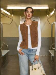 Women's Spring Round Neck Vintage Embroidered Suede Vest Summer - Brown - View 1