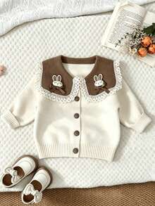 WUHUANG YIYI 2pcs Girls Cute Rabbit Bow Handmade Decor Peter Pan Collar Lace Trim Long Sleeve Knit Cardigan And Solid Color Pleated Hem Skirt Set, Loose Fit Versatile Preppy Style For Autumn/Winter - Coffee Brown - View 3