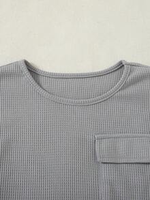 Boys' Casual Fashion Waffle Knit Crew Neck Long Sleeve Top And Straight Leg Pants Solid Color 2-Piece Set For Spring And Autumn - Grey - View 4