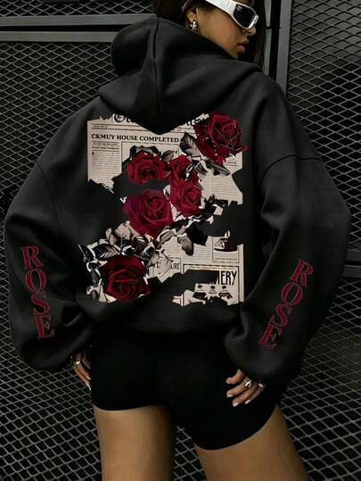 Rose Letter Print Pattern Sweatshirt, Plus Size Women's Casual Autumn/Winter Long Sleeve Pocket Hooded Sweatshirt Black