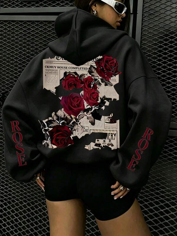 Sweatshirt Motif Huruf Mawar, Sweatshirt Lengan Panjang Saku Berkerudung Kasual Wanita Ukuran Besar Musim Gugur/Dingin, Warna Hitam
