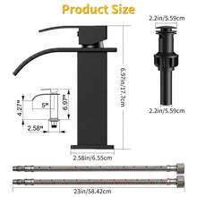 FEELSO Matte Black Waterfall Bathroom Faucet - Single Handle Mixer Tap For 1/3 Hole Sinks | Includes Deck Plate, Pop-Up Drain & Supply Hoses | Modern Vessel Vanity Set - Waterfall Bathroom Faucet - View 7