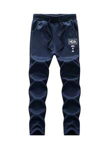 Men's 2-Piece Sports Set, Fleece Lined Zip-Up Hooded Jacket, Sweatpants, Striped Sleeve Letter Print Casual Sports Outfit - Navy Blue - View 3