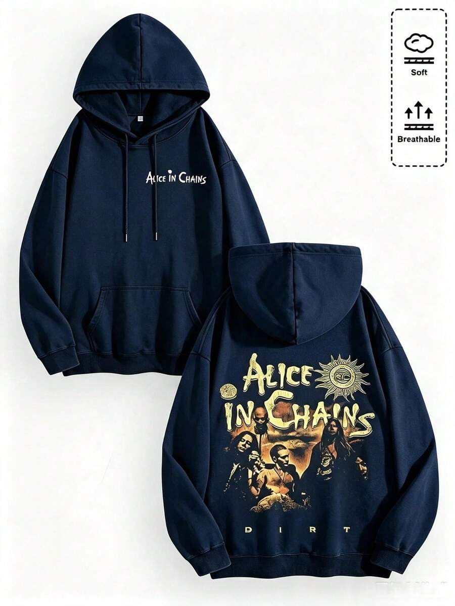 Unisex Y2K "Alice In Chains - Misfit Rock Band" Graphic Cotton Hoodie, Retro Casual Fashionable Daily Soft Warm Hoodies For Streetwear - 藏青色1 - 查看 1