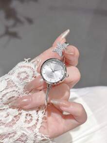 1pc/Set Fairy-Like Rhinestone Butterfly Open Cuff Bracelet Watch, Polygon Dial With Rhinestone Hour Markers, Elegant Delicate Niche Accessory Watch, Versatile Gentle Exquisite Quartz Watch For Women, Suitable For Daily Wear, Dates And Parties - Silver - View 25