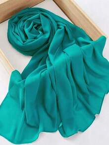 1pc Modest Hijab Chiffon Casual Fashion Versatile Everyday Simple Solid Color Women's Scarf - Teal Blue - View 4